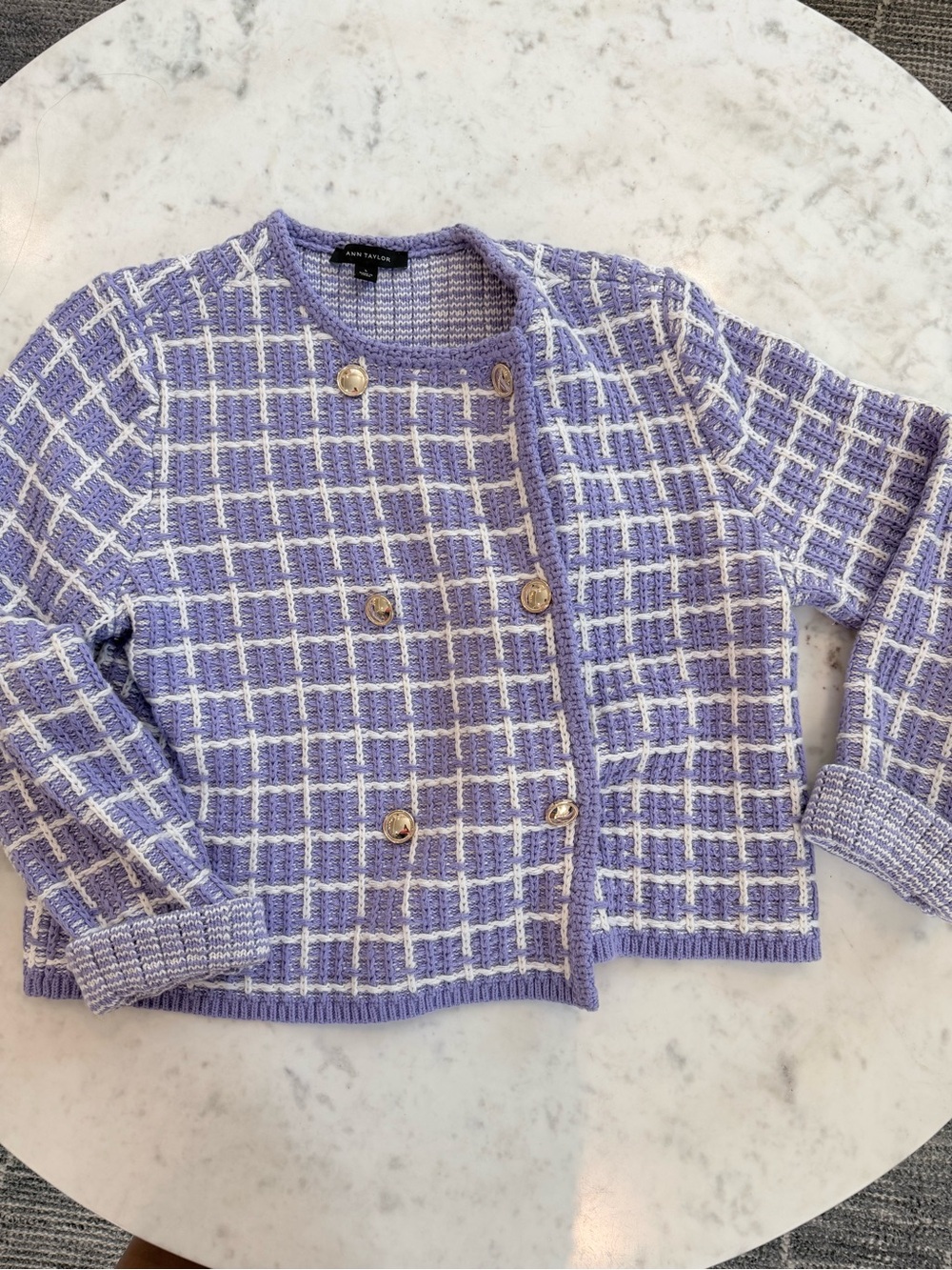 Ann Taylor Lavender and White Knit l Cardigan with Gold Button